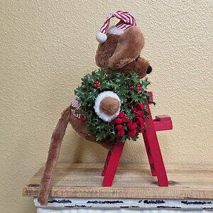 Vintage Enesco Plush Christmas Mouse with Wreath and Wood Ladder